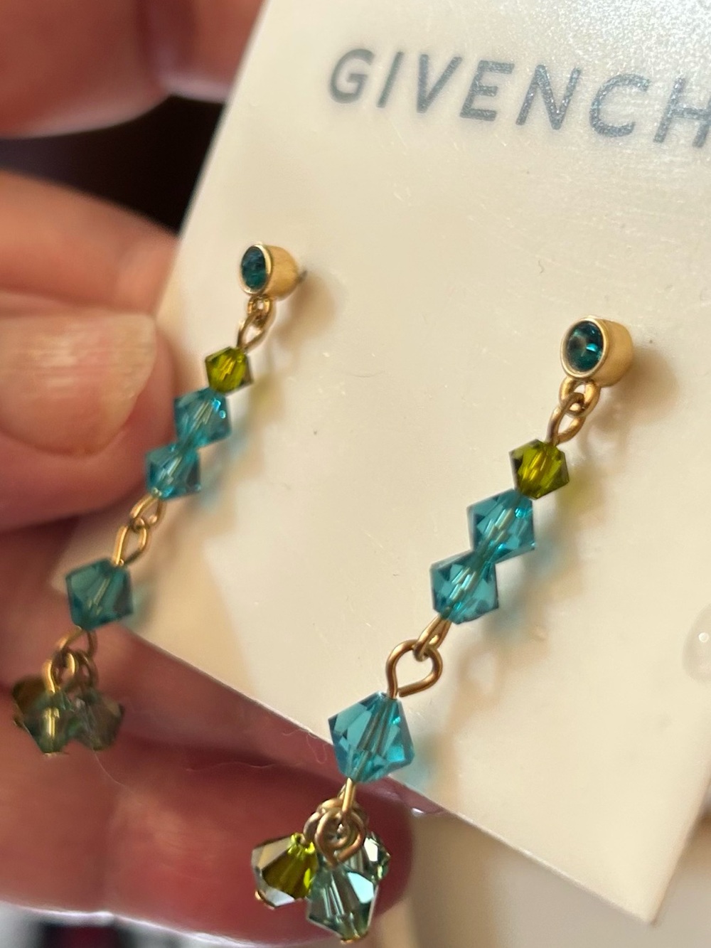 Givenchy Blue-Green Swarovski Crystal Drop Earrings NWT